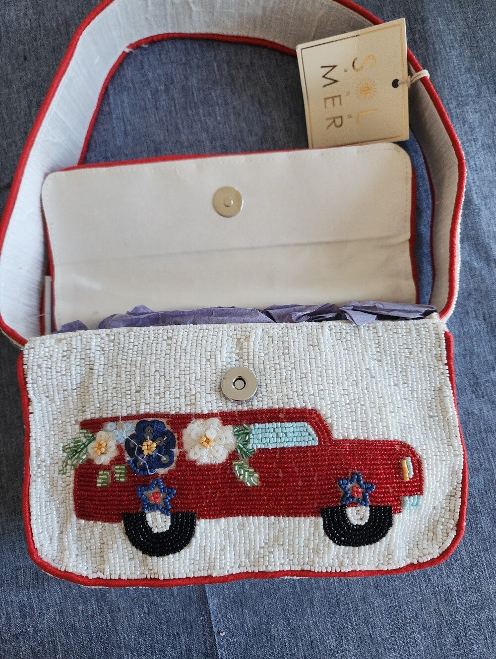 Beaded Red Truck Bag with Patriotic Floral Design Summer Viral Tik Tok NWT - Picture 13 of 14